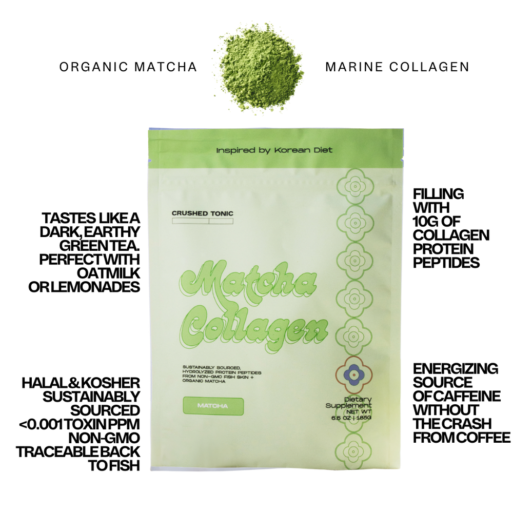  This image features a package of “Matcha Collagen”, a unique blend of matcha and marine collagen.