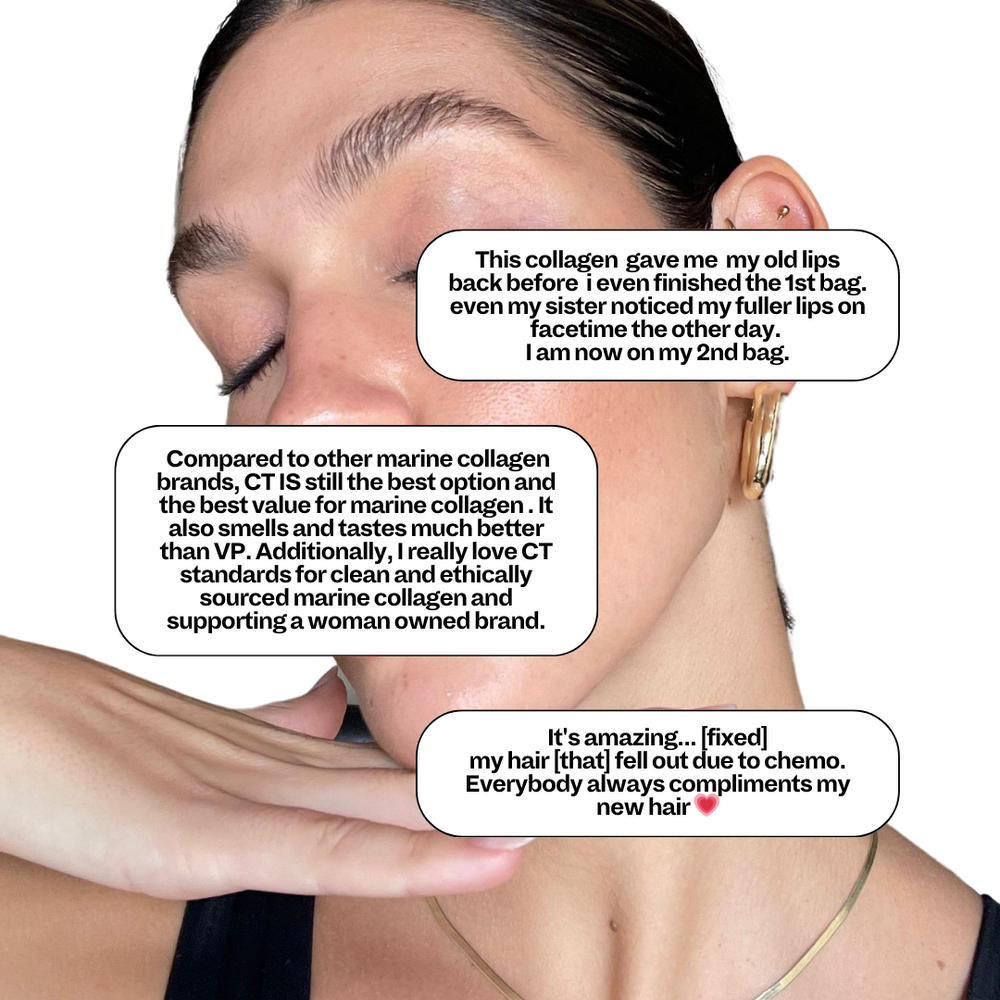 The image is a collage of testimonials praising the effectiveness of crushed tonic collagen. Each testimonial showcases positive customer feedback, emphasizing the product’s benefits.