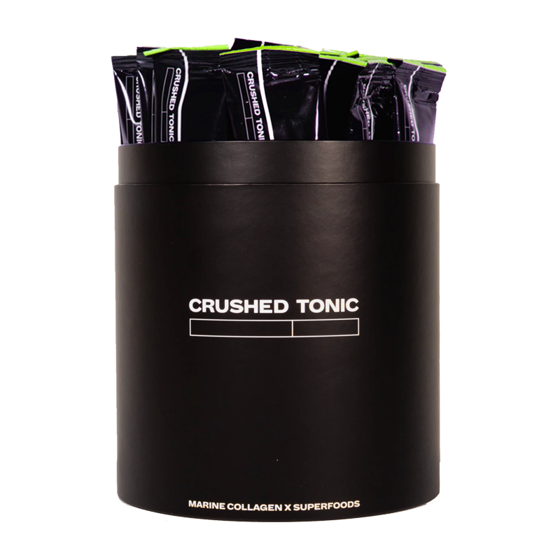 An image of Crushed Tonic's Marine collagen x Matcha Crush with 30 Drink Sticks in a Black Canister