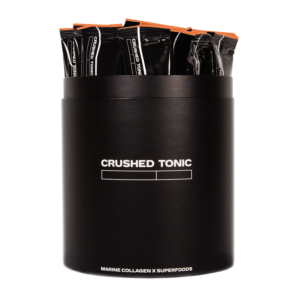 An image of Crushed Tonic's Turmeric Crush with 30 Drink Sticks in a Black Canister